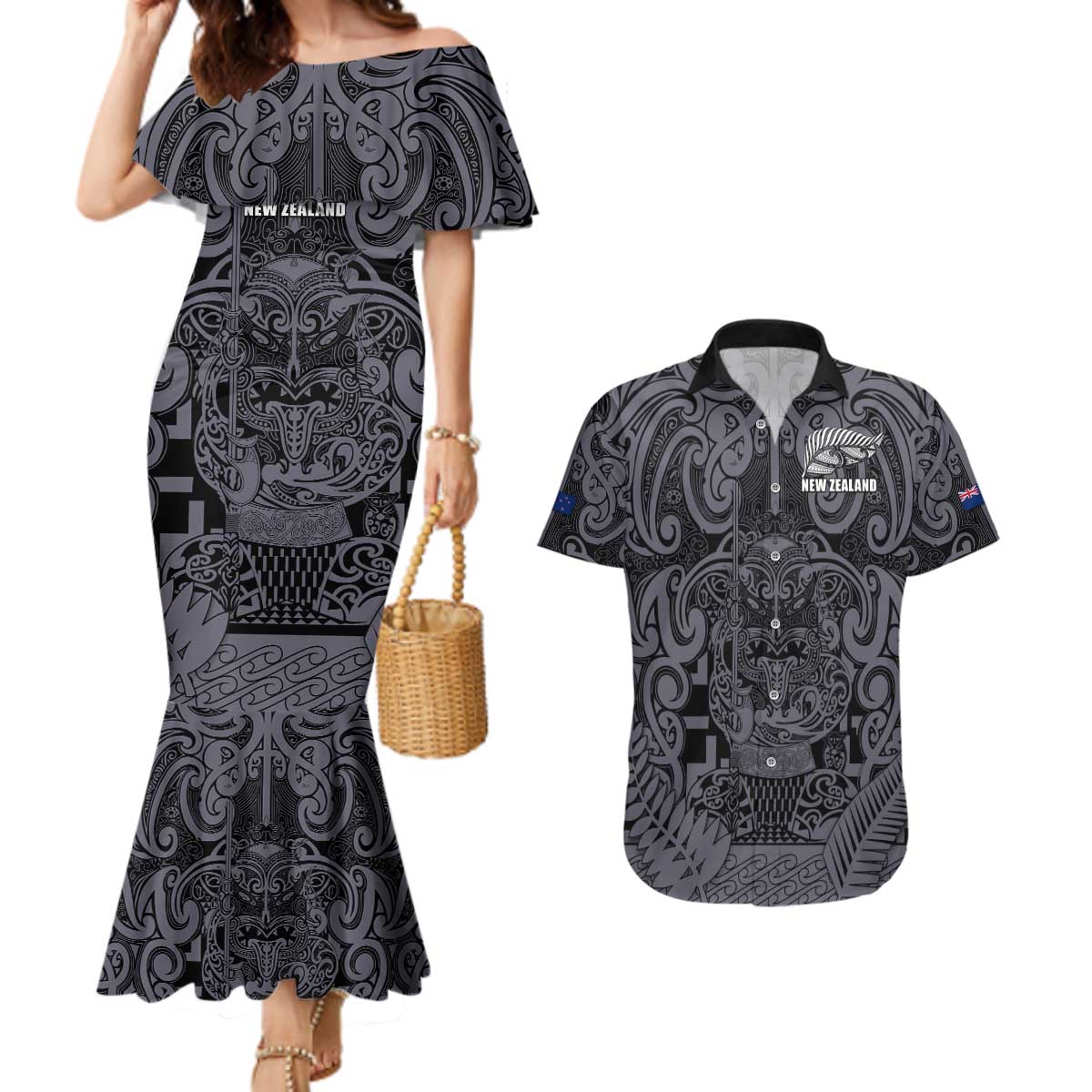Custom New Zealand Taiaha Maori Couples Matching Mermaid Dress and Hawaiian Shirt Minimalist Silver Fern All Black - Polynesian Pride