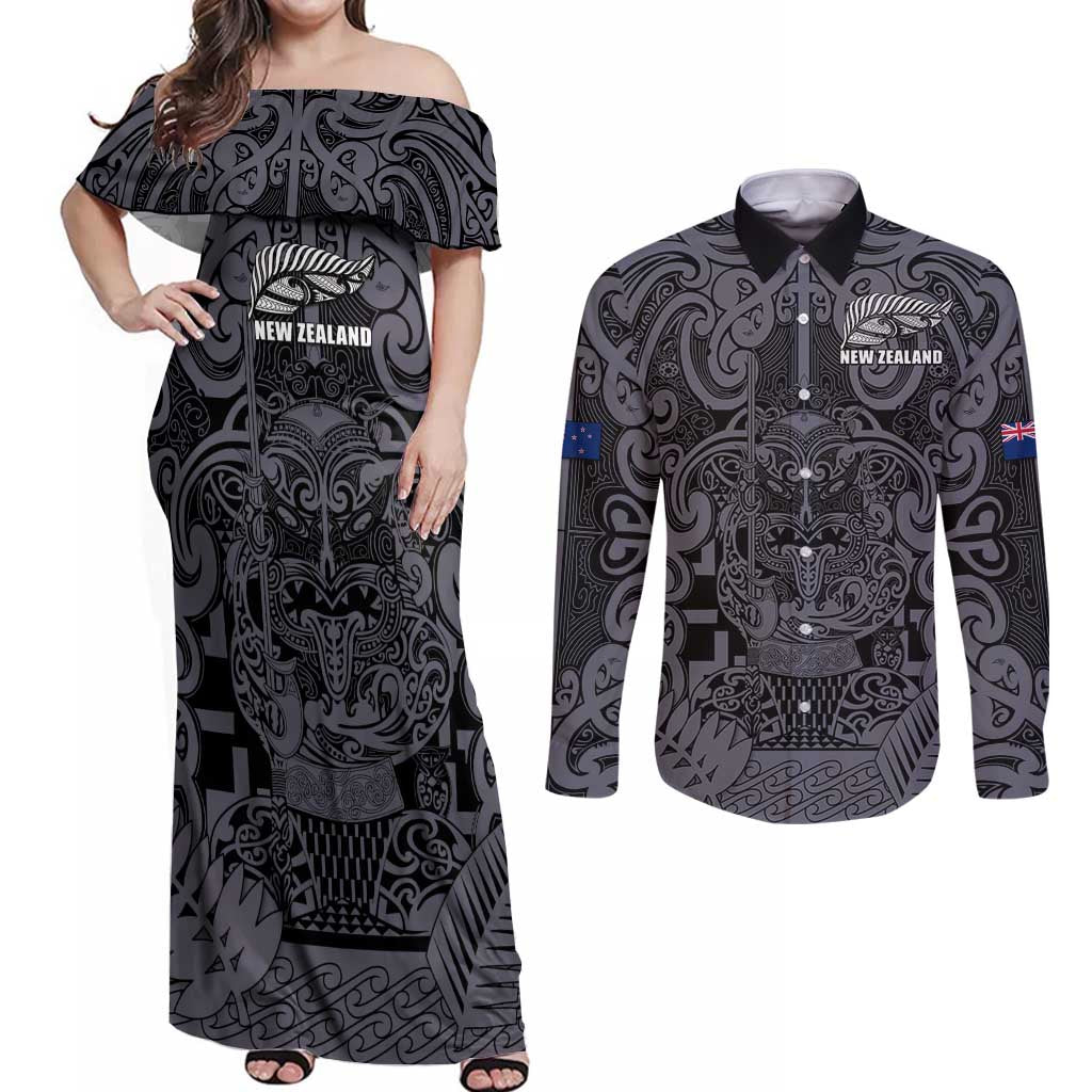 Custom New Zealand Taiaha Maori Couples Matching Off Shoulder Maxi Dress and Long Sleeve Button Shirt Minimalist Silver Fern All Black LT9 Black - Polynesian Pride