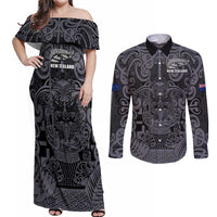 Custom New Zealand Taiaha Maori Couples Matching Off Shoulder Maxi Dress and Long Sleeve Button Shirt Minimalist Silver Fern All Black LT9 Black - Polynesian Pride