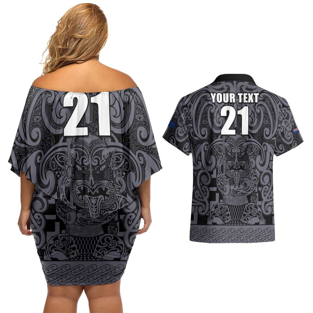 Custom New Zealand Taiaha Maori Couples Matching Off Shoulder Short Dress and Hawaiian Shirt Minimalist Silver Fern All Black LT9 - Polynesian Pride