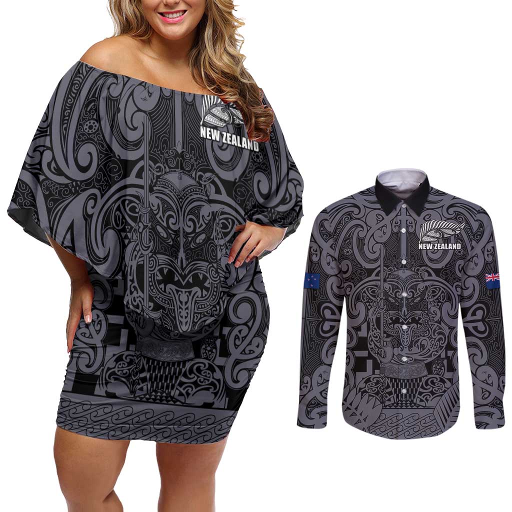 Custom New Zealand Taiaha Maori Couples Matching Off Shoulder Short Dress and Long Sleeve Button Shirt Minimalist Silver Fern All Black LT9 Black - Polynesian Pride