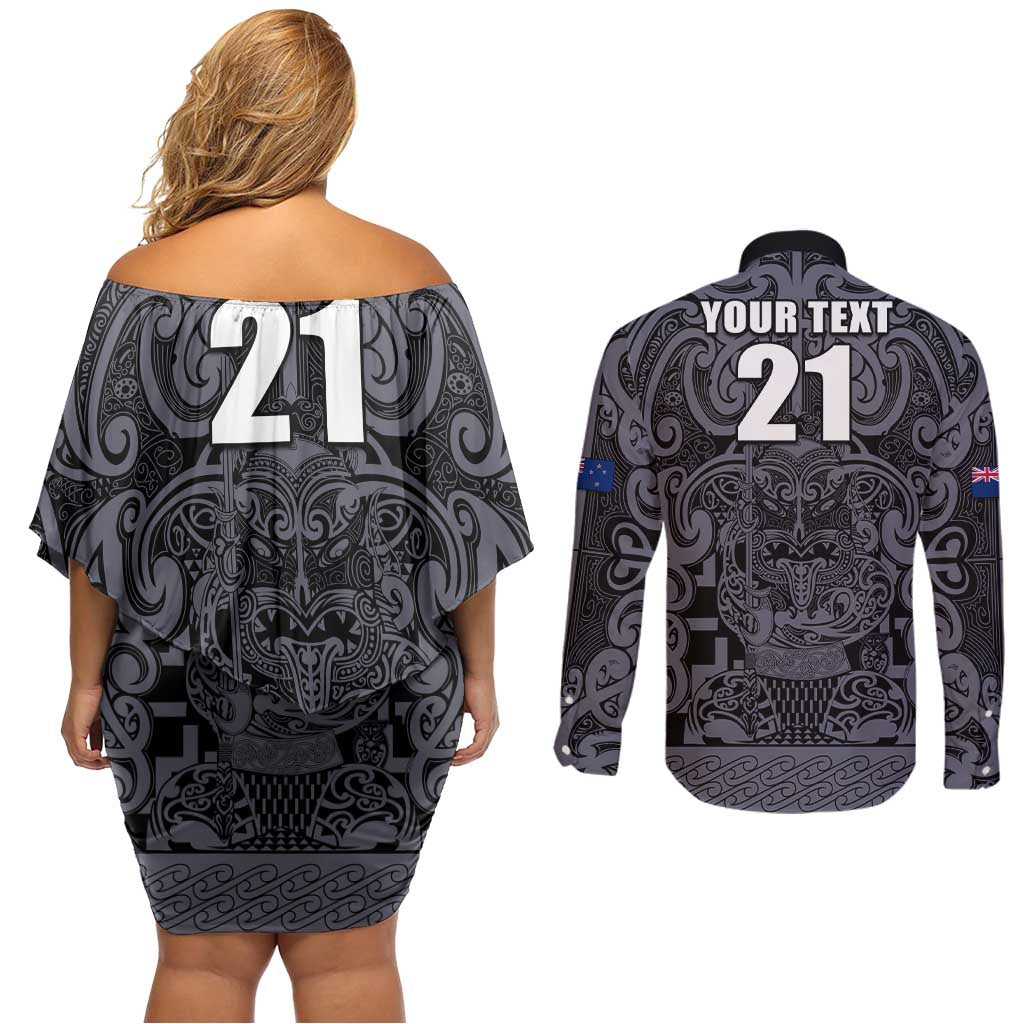 Custom New Zealand Taiaha Maori Couples Matching Off Shoulder Short Dress and Long Sleeve Button Shirt Minimalist Silver Fern All Black LT9 - Polynesian Pride