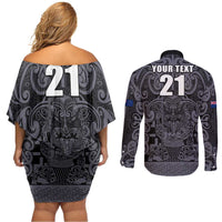 Custom New Zealand Taiaha Maori Couples Matching Off Shoulder Short Dress and Long Sleeve Button Shirt Minimalist Silver Fern All Black LT9 - Polynesian Pride