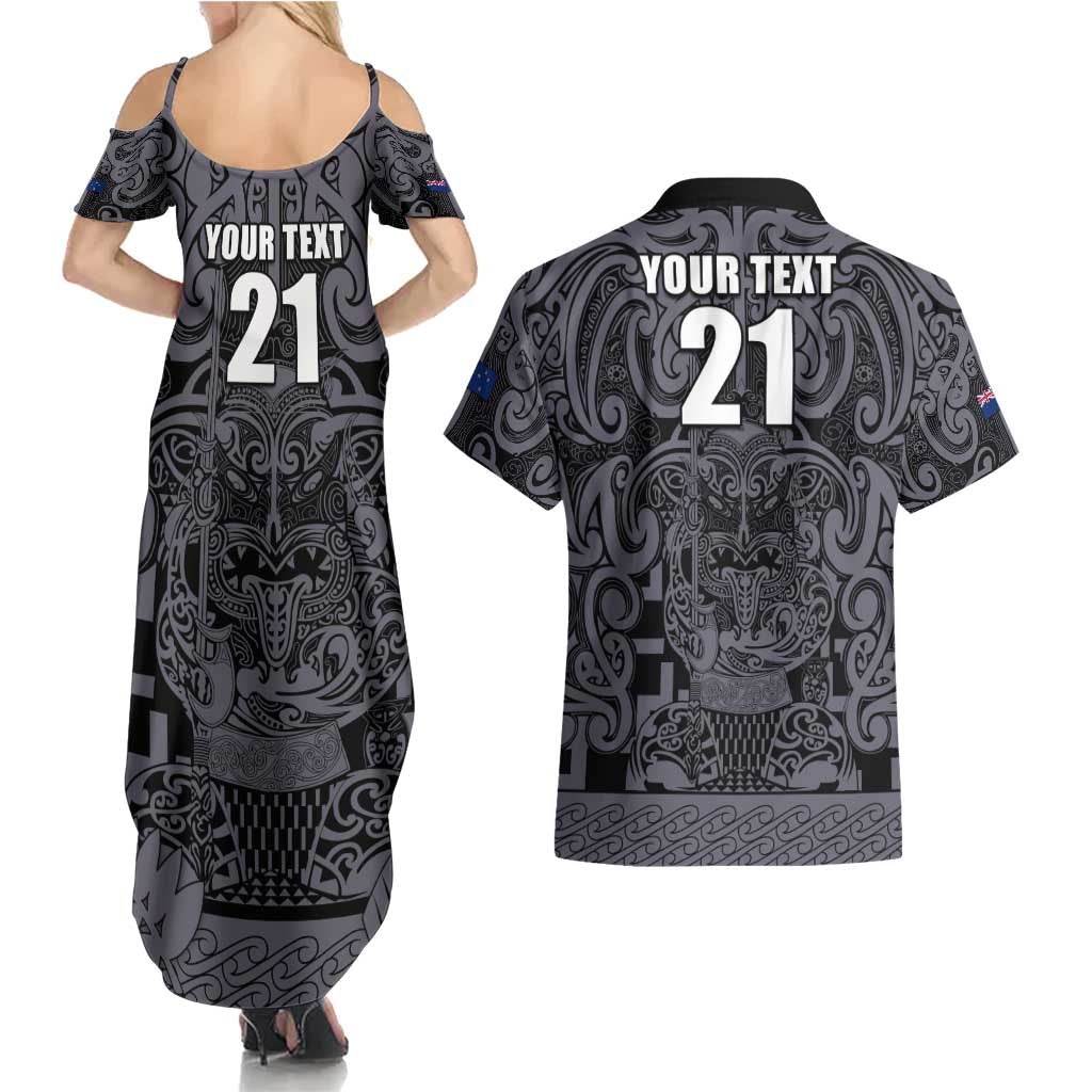 Custom New Zealand Taiaha Maori Couples Matching Summer Maxi Dress and Hawaiian Shirt Minimalist Silver Fern All Black - Polynesian Pride