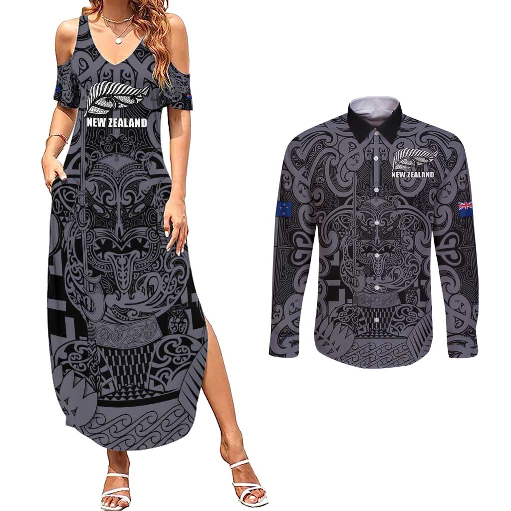 Custom New Zealand Taiaha Maori Couples Matching Summer Maxi Dress and Long Sleeve Button Shirt Minimalist Silver Fern All Black - Polynesian Pride