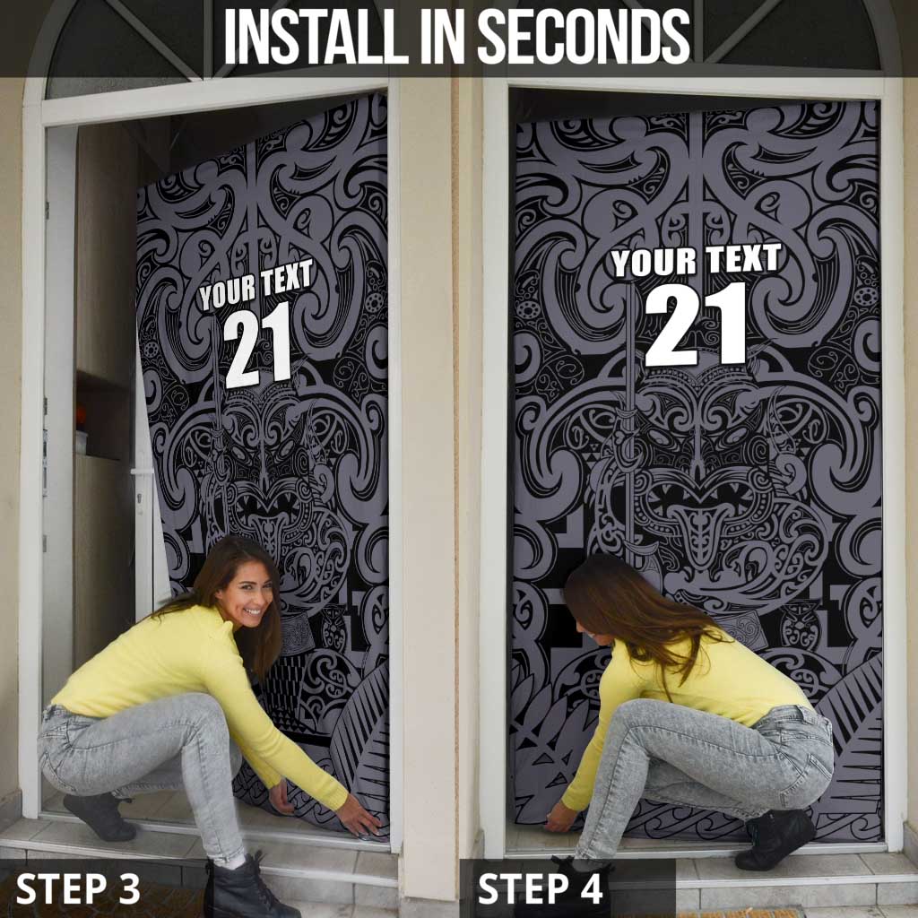 Custom New Zealand Taiaha Maori Door Cover Minimalist Silver Fern All Black - Polynesian Pride