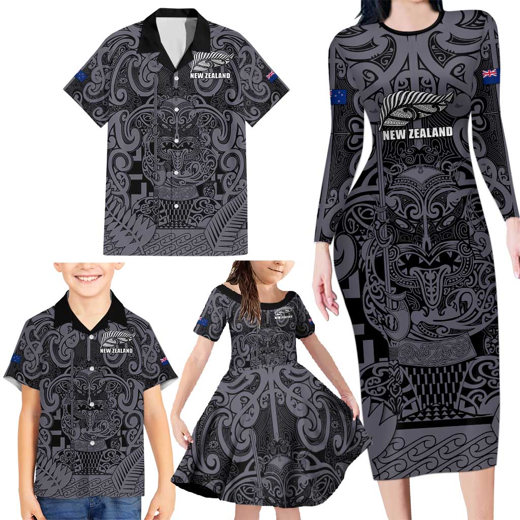 Custom New Zealand Taiaha Maori Family Matching Long Sleeve Bodycon Dress and Hawaiian Shirt Minimalist Silver Fern All Black - Polynesian Pride