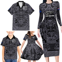 Custom New Zealand Taiaha Maori Family Matching Long Sleeve Bodycon Dress and Hawaiian Shirt Minimalist Silver Fern All Black LT9 - Polynesian Pride