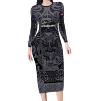 Custom New Zealand Taiaha Maori Family Matching Long Sleeve Bodycon Dress and Hawaiian Shirt Minimalist Silver Fern All Black LT9 Mom's Dress Black - Polynesian Pride