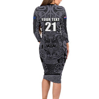 Custom New Zealand Taiaha Maori Family Matching Long Sleeve Bodycon Dress and Hawaiian Shirt Minimalist Silver Fern All Black LT9 - Polynesian Pride
