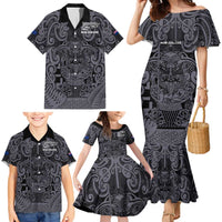 Custom New Zealand Taiaha Maori Family Matching Mermaid Dress and Hawaiian Shirt Minimalist Silver Fern All Black LT9 - Polynesian Pride
