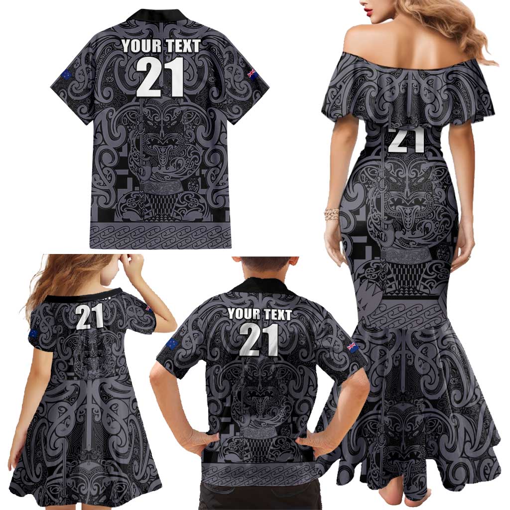 Custom New Zealand Taiaha Maori Family Matching Mermaid Dress and Hawaiian Shirt Minimalist Silver Fern All Black LT9 - Polynesian Pride