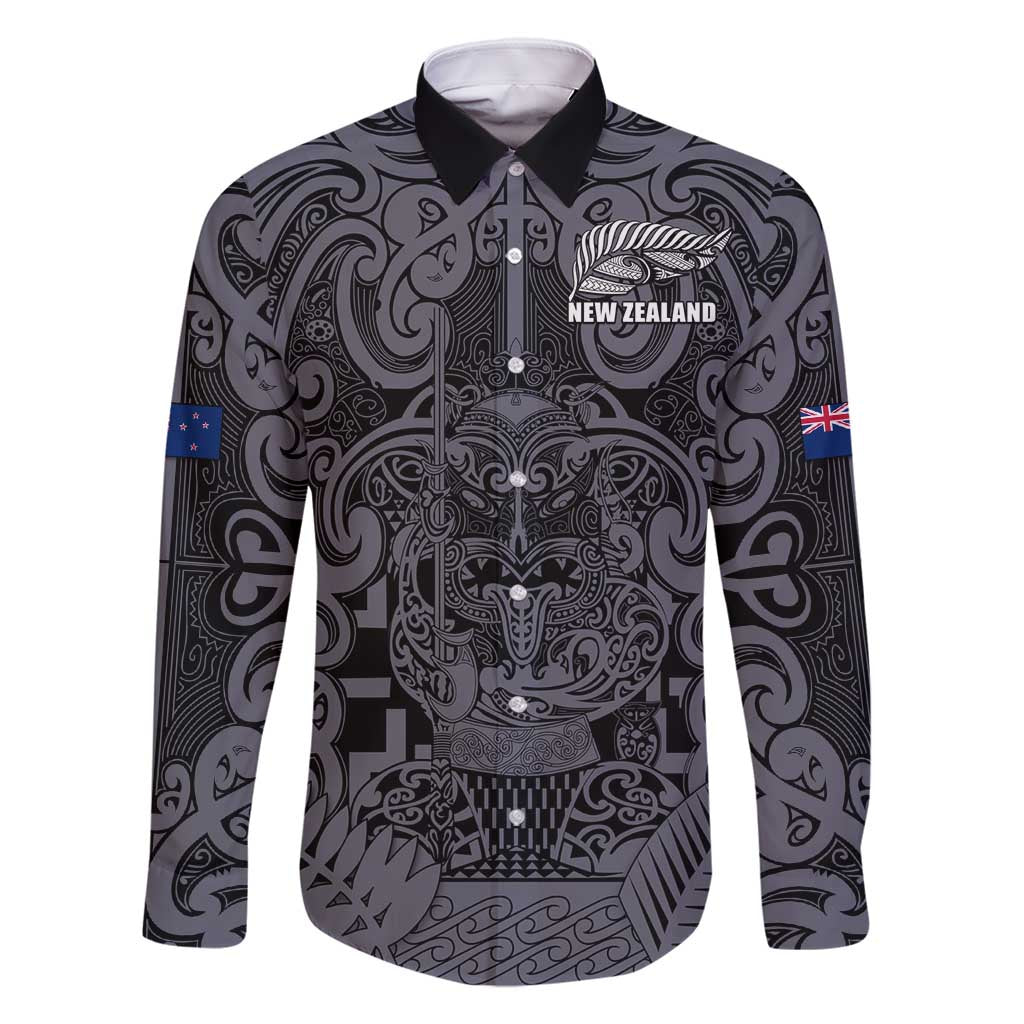 Custom New Zealand Taiaha Maori Family Matching Mermaid Dress and Hawaiian Shirt Minimalist Silver Fern All Black LT9 Dad's Shirt - Long Sleeve Black - Polynesian Pride
