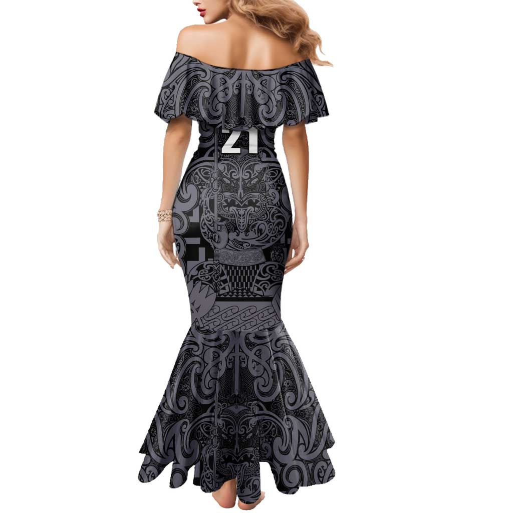 Custom New Zealand Taiaha Maori Family Matching Mermaid Dress and Hawaiian Shirt Minimalist Silver Fern All Black LT9 - Polynesian Pride