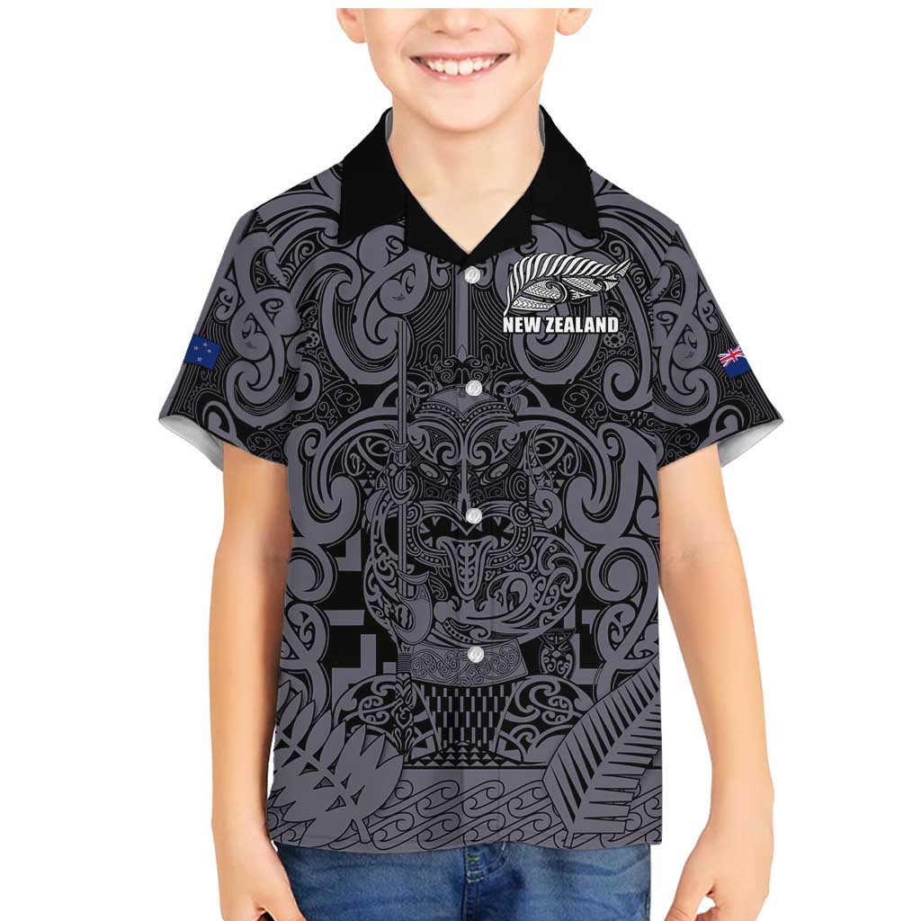 Custom New Zealand Taiaha Maori Family Matching Mermaid Dress and Hawaiian Shirt Minimalist Silver Fern All Black LT9 Son's Shirt Black - Polynesian Pride