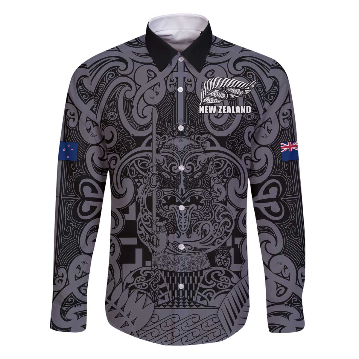 Custom New Zealand Taiaha Maori Family Matching Off The Shoulder Long Sleeve Dress and Hawaiian Shirt Minimalist Silver Fern All Black - Polynesian Pride