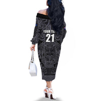 Custom New Zealand Taiaha Maori Family Matching Off The Shoulder Long Sleeve Dress and Hawaiian Shirt Minimalist Silver Fern All Black - Polynesian Pride