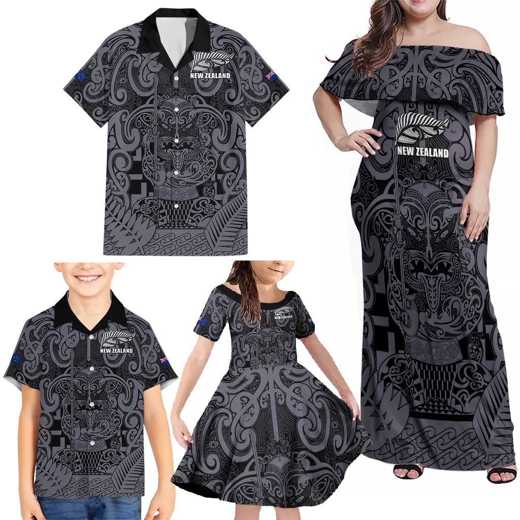 Custom New Zealand Taiaha Maori Family Matching Off Shoulder Maxi Dress and Hawaiian Shirt Minimalist Silver Fern All Black LT9 - Polynesian Pride