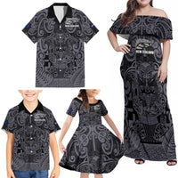 Custom New Zealand Taiaha Maori Family Matching Off Shoulder Maxi Dress and Hawaiian Shirt Minimalist Silver Fern All Black LT9 - Polynesian Pride