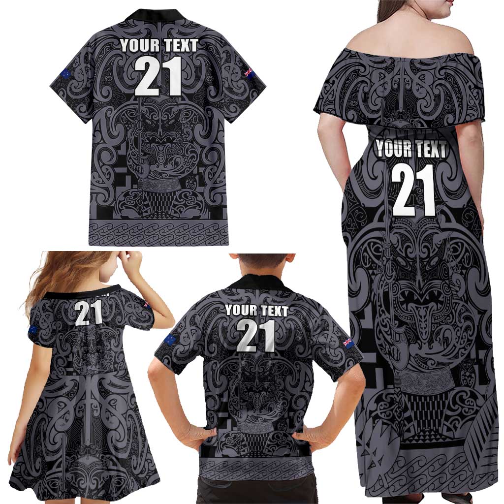 Custom New Zealand Taiaha Maori Family Matching Off Shoulder Maxi Dress and Hawaiian Shirt Minimalist Silver Fern All Black LT9 - Polynesian Pride