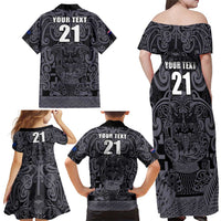 Custom New Zealand Taiaha Maori Family Matching Off Shoulder Maxi Dress and Hawaiian Shirt Minimalist Silver Fern All Black LT9 - Polynesian Pride