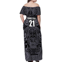 Custom New Zealand Taiaha Maori Family Matching Off Shoulder Maxi Dress and Hawaiian Shirt Minimalist Silver Fern All Black LT9 - Polynesian Pride
