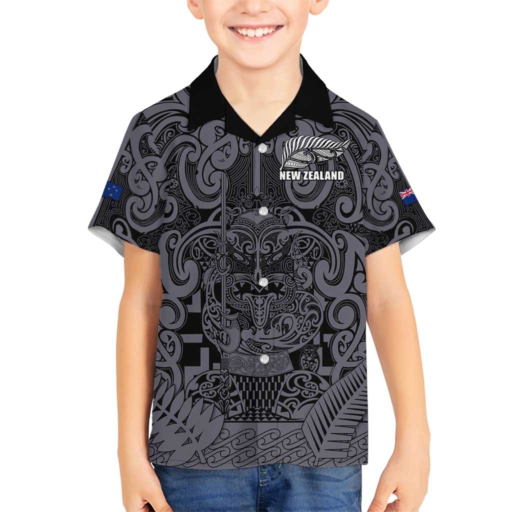 Custom New Zealand Taiaha Maori Family Matching Off Shoulder Maxi Dress and Hawaiian Shirt Minimalist Silver Fern All Black LT9 Son's Shirt Black - Polynesian Pride