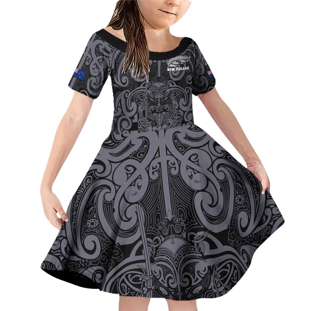 Custom New Zealand Taiaha Maori Family Matching Off Shoulder Short Dress and Hawaiian Shirt Minimalist Silver Fern All Black LT9 Daughter's Dress Black - Polynesian Pride
