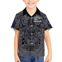Custom New Zealand Taiaha Maori Family Matching Off Shoulder Short Dress and Hawaiian Shirt Minimalist Silver Fern All Black LT9 Son's Shirt Black - Polynesian Pride