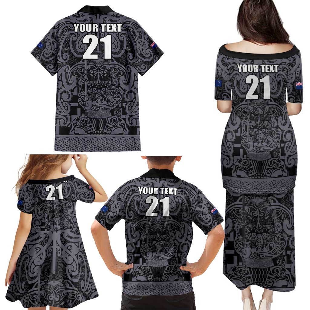 Custom New Zealand Taiaha Maori Family Matching Puletasi and Hawaiian Shirt Minimalist Silver Fern All Black - Polynesian Pride