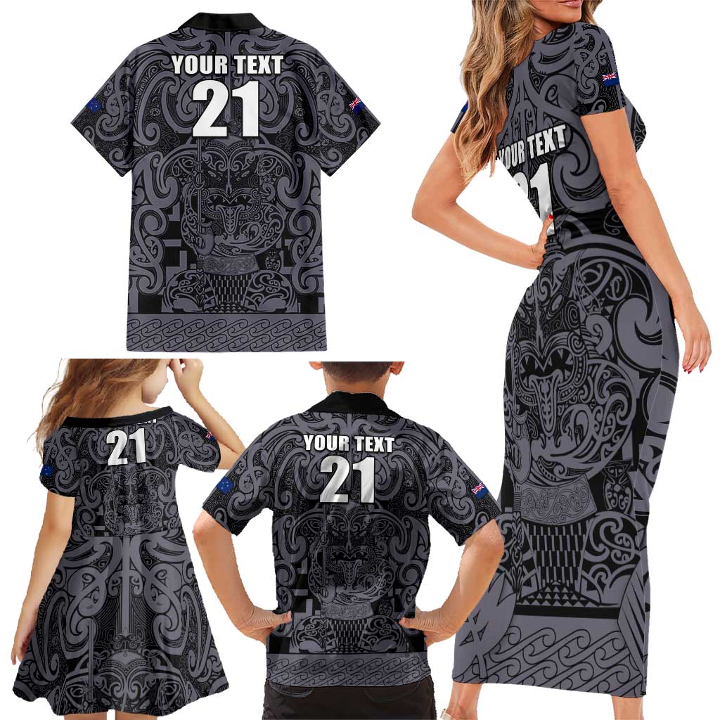 Custom New Zealand Taiaha Maori Family Matching Short Sleeve Bodycon Dress and Hawaiian Shirt Minimalist Silver Fern All Black LT9 - Polynesian Pride