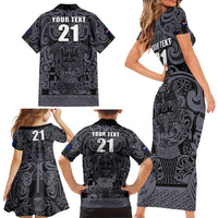 Custom New Zealand Taiaha Maori Family Matching Short Sleeve Bodycon Dress and Hawaiian Shirt Minimalist Silver Fern All Black LT9 - Polynesian Pride