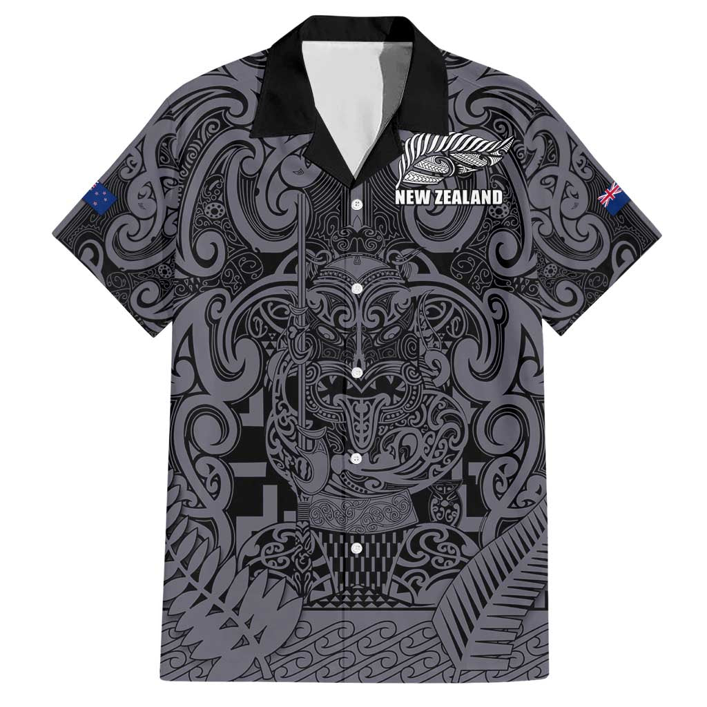 Custom New Zealand Taiaha Maori Family Matching Short Sleeve Bodycon Dress and Hawaiian Shirt Minimalist Silver Fern All Black LT9 Dad's Shirt - Short Sleeve Black - Polynesian Pride