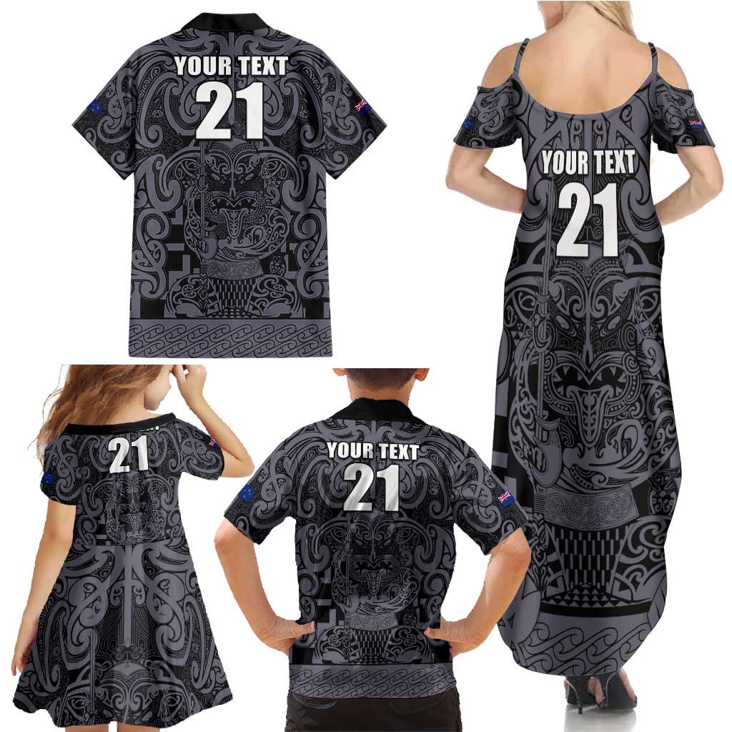 Custom New Zealand Taiaha Maori Family Matching Summer Maxi Dress and Hawaiian Shirt Minimalist Silver Fern All Black LT9 - Polynesian Pride