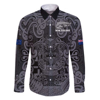 Custom New Zealand Taiaha Maori Family Matching Summer Maxi Dress and Hawaiian Shirt Minimalist Silver Fern All Black LT9 Dad's Shirt - Long Sleeve Black - Polynesian Pride