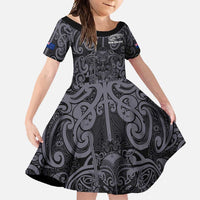 Custom New Zealand Taiaha Maori Family Matching Tank Maxi Dress and Hawaiian Shirt Minimalist Silver Fern All Black LT9 Daughter's Dress Black - Polynesian Pride