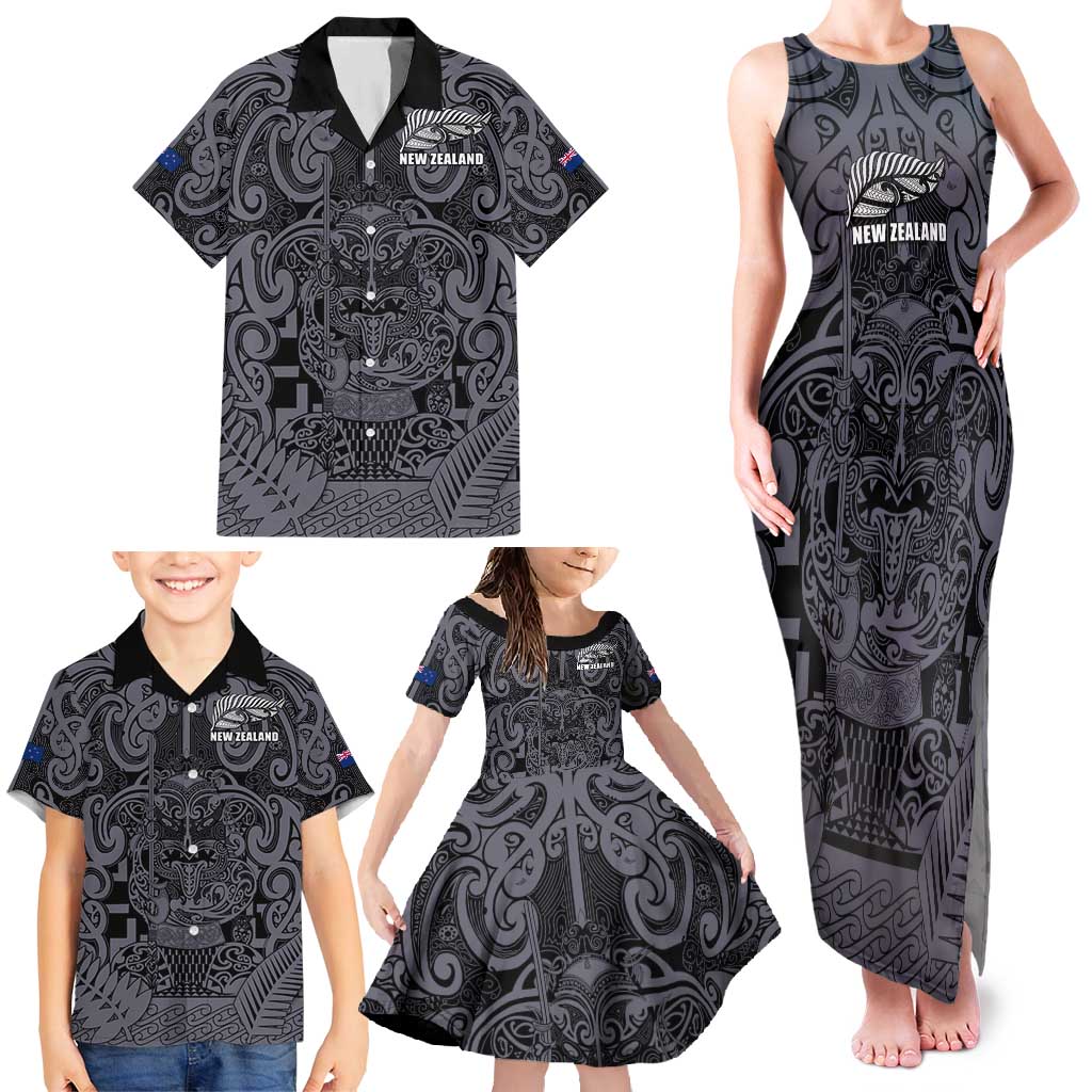 Custom New Zealand Taiaha Maori Family Matching Tank Maxi Dress and Hawaiian Shirt Minimalist Silver Fern All Black LT9 - Polynesian Pride