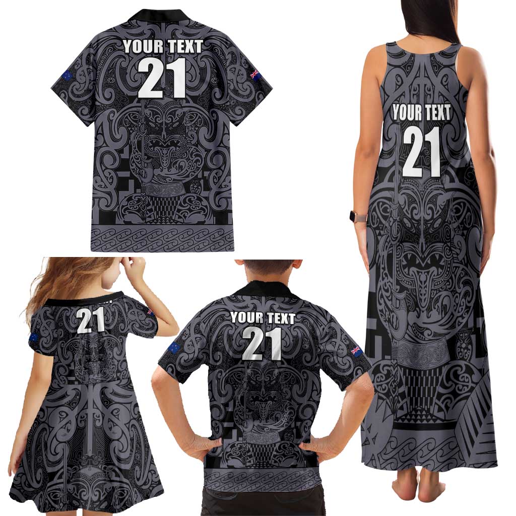 Custom New Zealand Taiaha Maori Family Matching Tank Maxi Dress and Hawaiian Shirt Minimalist Silver Fern All Black LT9 - Polynesian Pride