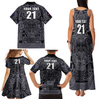 Custom New Zealand Taiaha Maori Family Matching Tank Maxi Dress and Hawaiian Shirt Minimalist Silver Fern All Black LT9 - Polynesian Pride