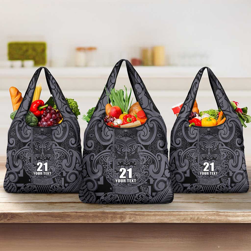 Custom New Zealand Taiaha Maori Grocery Bag Minimalist Silver Fern All Black - Polynesian Pride
