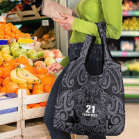 Custom New Zealand Taiaha Maori Grocery Bag Minimalist Silver Fern All Black - Polynesian Pride