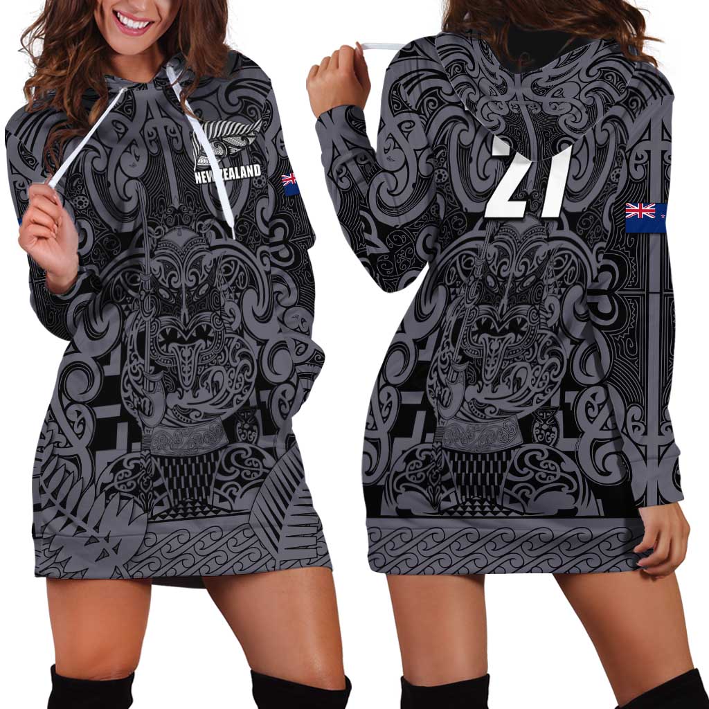Custom New Zealand Taiaha Maori Hoodie Dress Minimalist Silver Fern All Black LT9 - Polynesian Pride