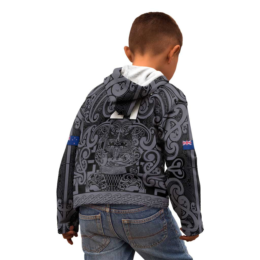 Custom New Zealand Taiaha Maori Kid Hoodie Minimalist Silver Fern All Black - Polynesian Pride