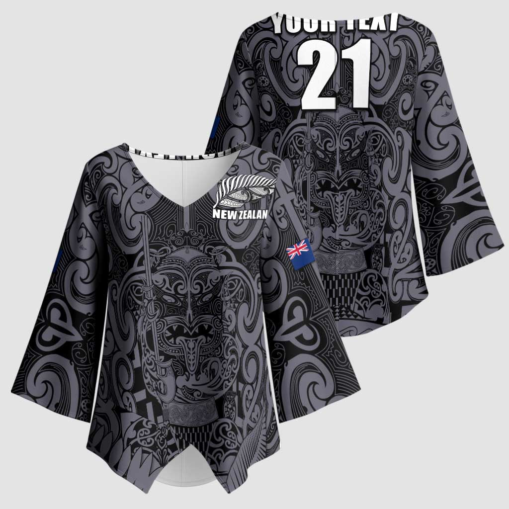Custom New Zealand Taiaha Maori Kimono Sleeve Blouse Minimalist Silver Fern All Black - Polynesian Pride