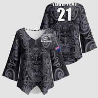 Custom New Zealand Taiaha Maori Kimono Sleeve Blouse Minimalist Silver Fern All Black - Polynesian Pride