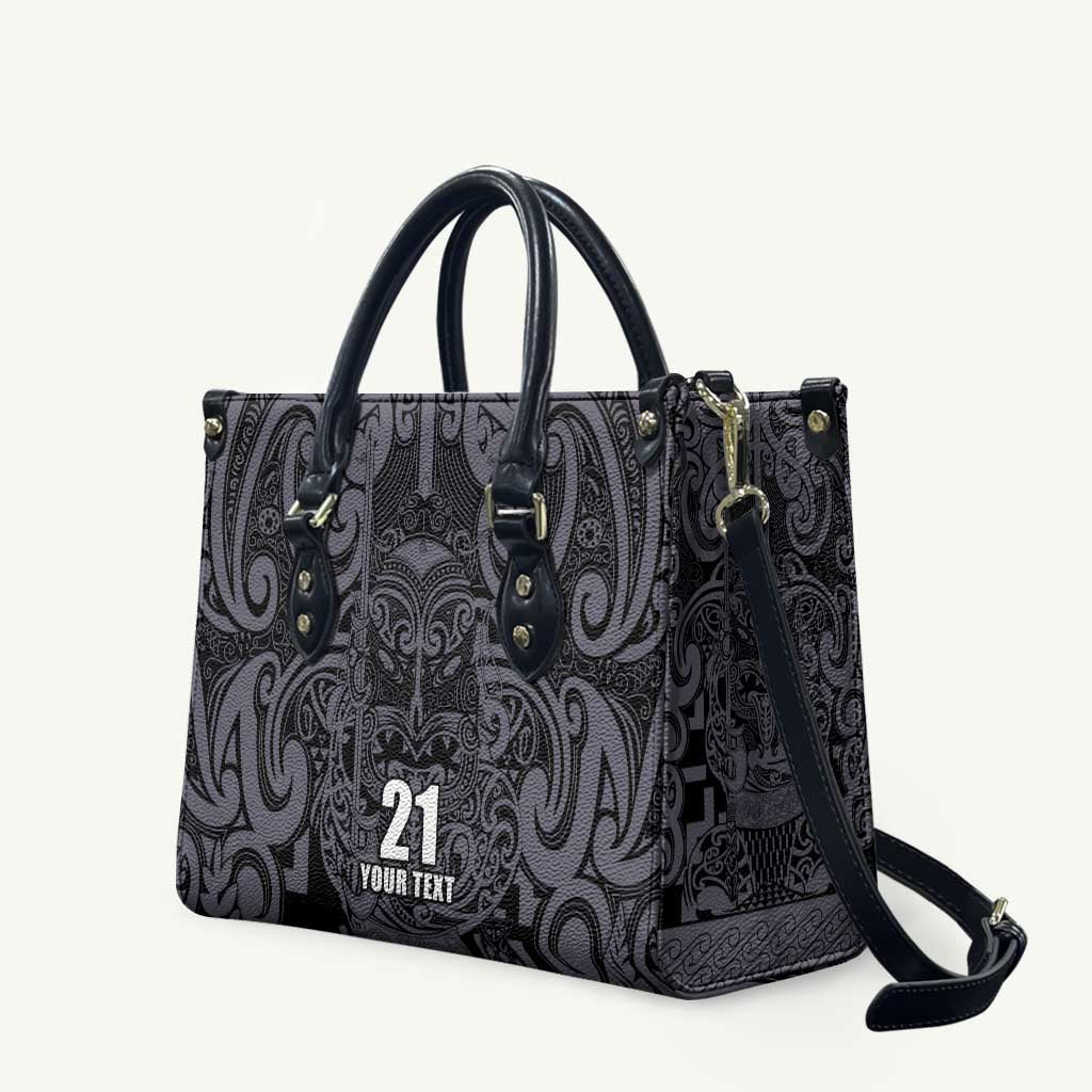 Custom New Zealand Taiaha Maori Leather Bag Minimalist Silver Fern All Black - Polynesian Pride
