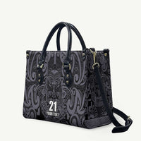 Custom New Zealand Taiaha Maori Leather Bag Minimalist Silver Fern All Black - Polynesian Pride