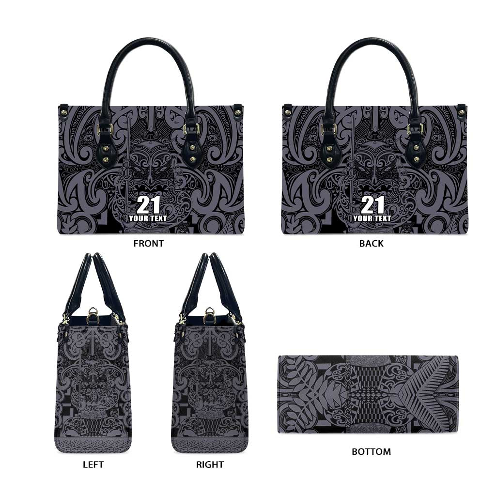 Custom New Zealand Taiaha Maori Leather Bag Minimalist Silver Fern All Black - Polynesian Pride
