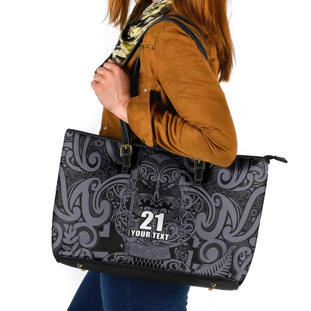 Custom New Zealand Taiaha Maori Leather Tote Bag Minimalist Silver Fern All Black - Polynesian Pride