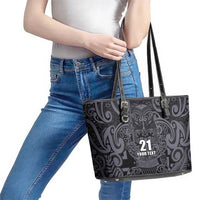 Custom New Zealand Taiaha Maori Leather Tote Bag Minimalist Silver Fern All Black - Polynesian Pride